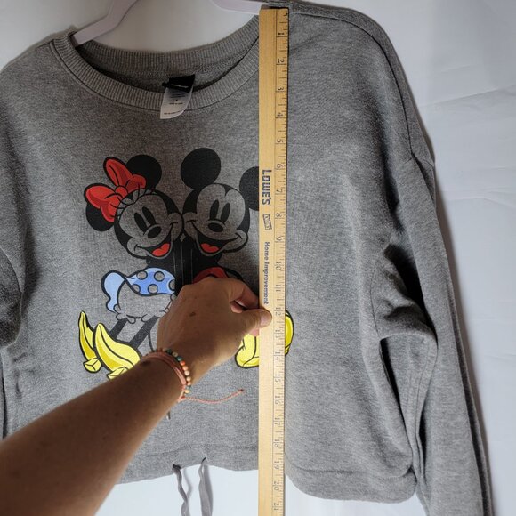 Disney Sweatshirt Women S Gray Mickey Minnie Mouse Graphic Cropped Drawstring - Picture 10 of 12